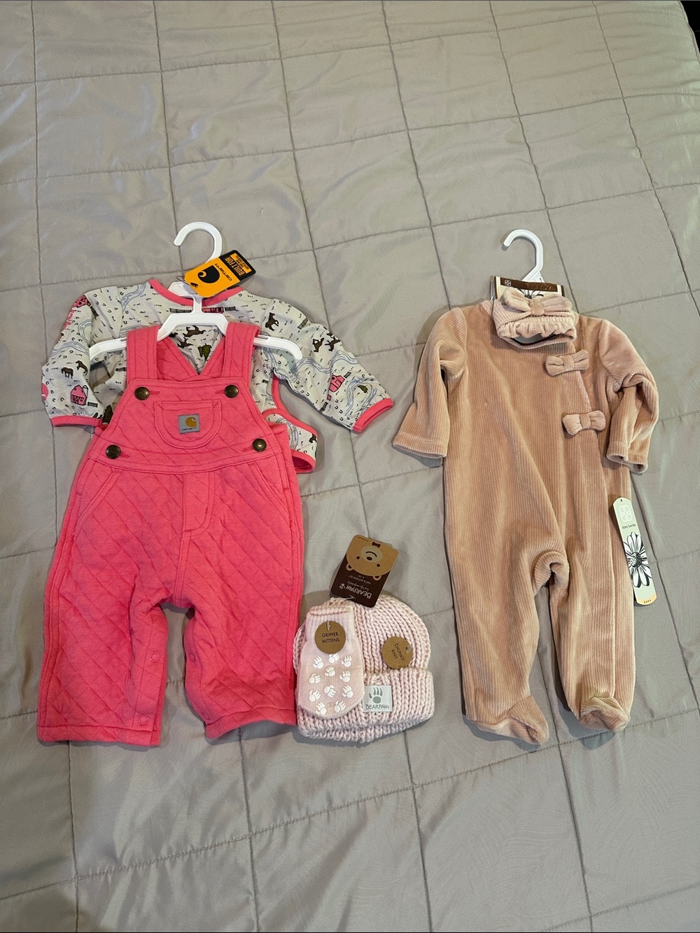 Carhartt Pink Quilted Baby Overalls, Bear Paw Light Pink Knit Hat & Sleeper 3 MO